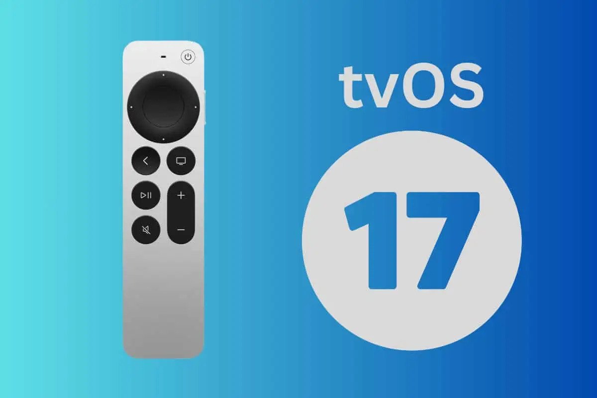 Control remoto del Apple TV junto al logotipo de tvOS 17